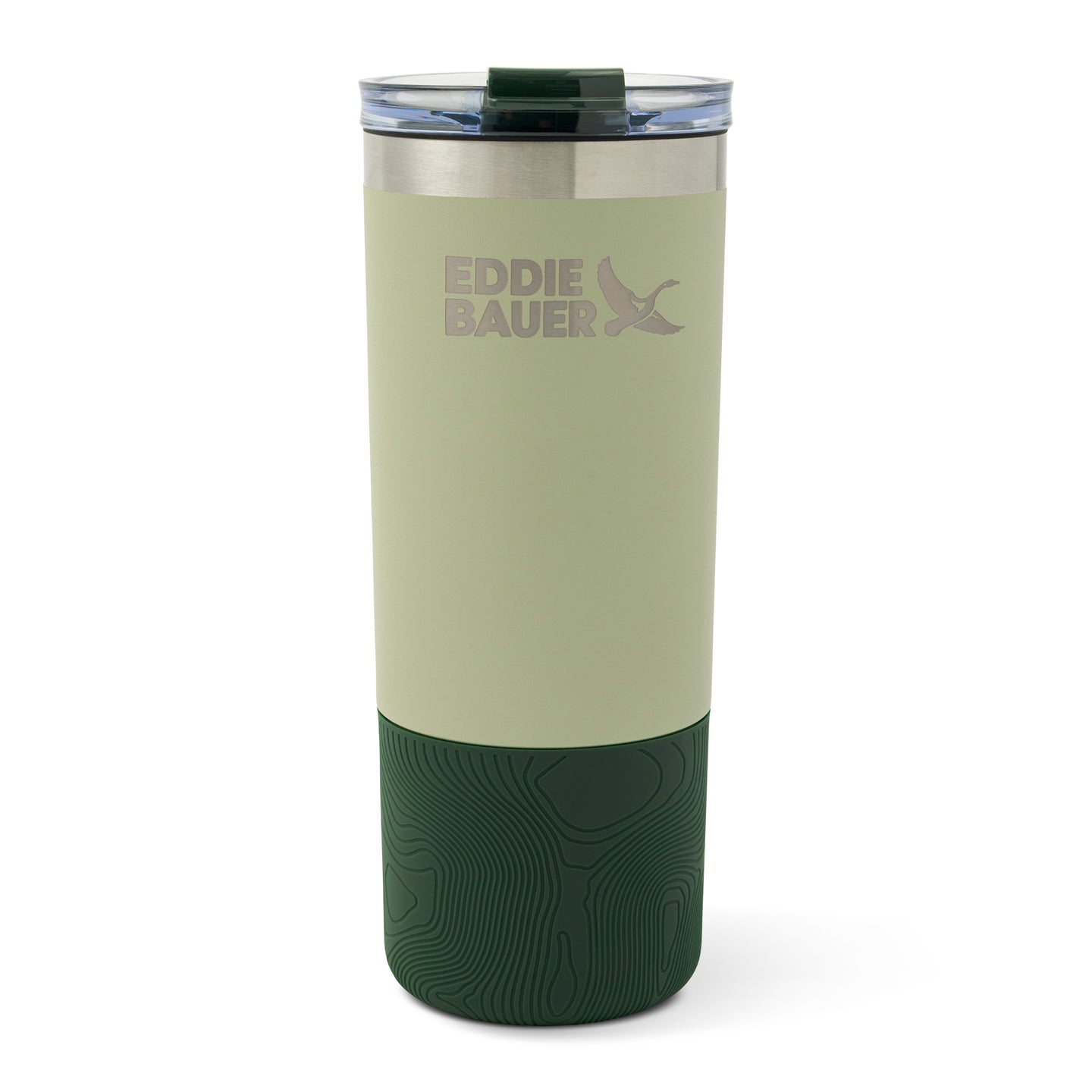 Tall insulated bottle with cream-colored upper section, dark green patterned lower section, and green slide lid with clear wi
