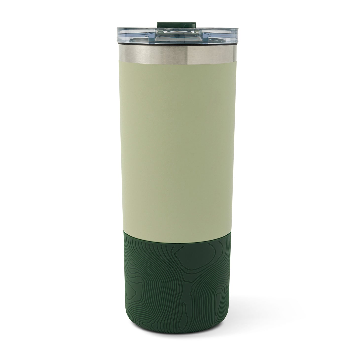 Tall insulated tumbler with cream-colored upper body, stainless steel band, dark green textured lower section, and teal lid w