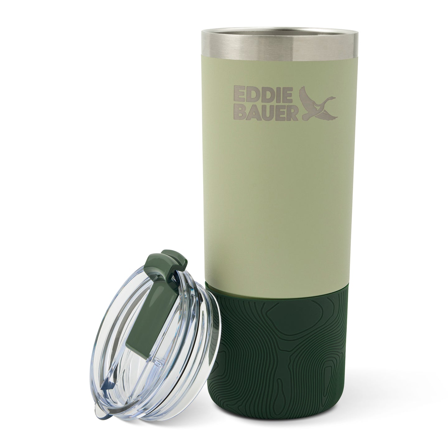 Pale green and dark green insulated bottle with stainless steel rim and matching clear lid with green handle.