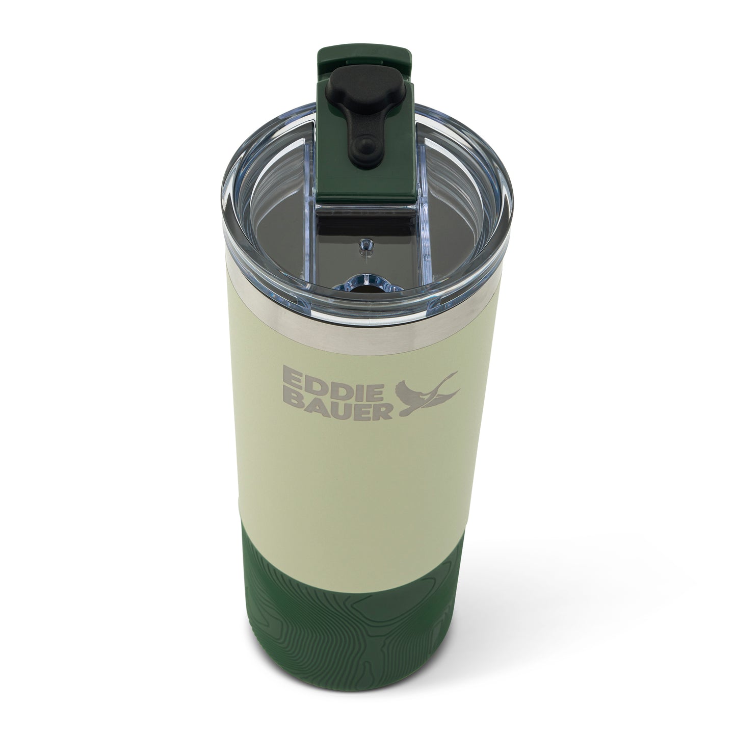 Cream and green insulated water bottle with clear lid and dark green handle, featuring Eddie Bauer branding.