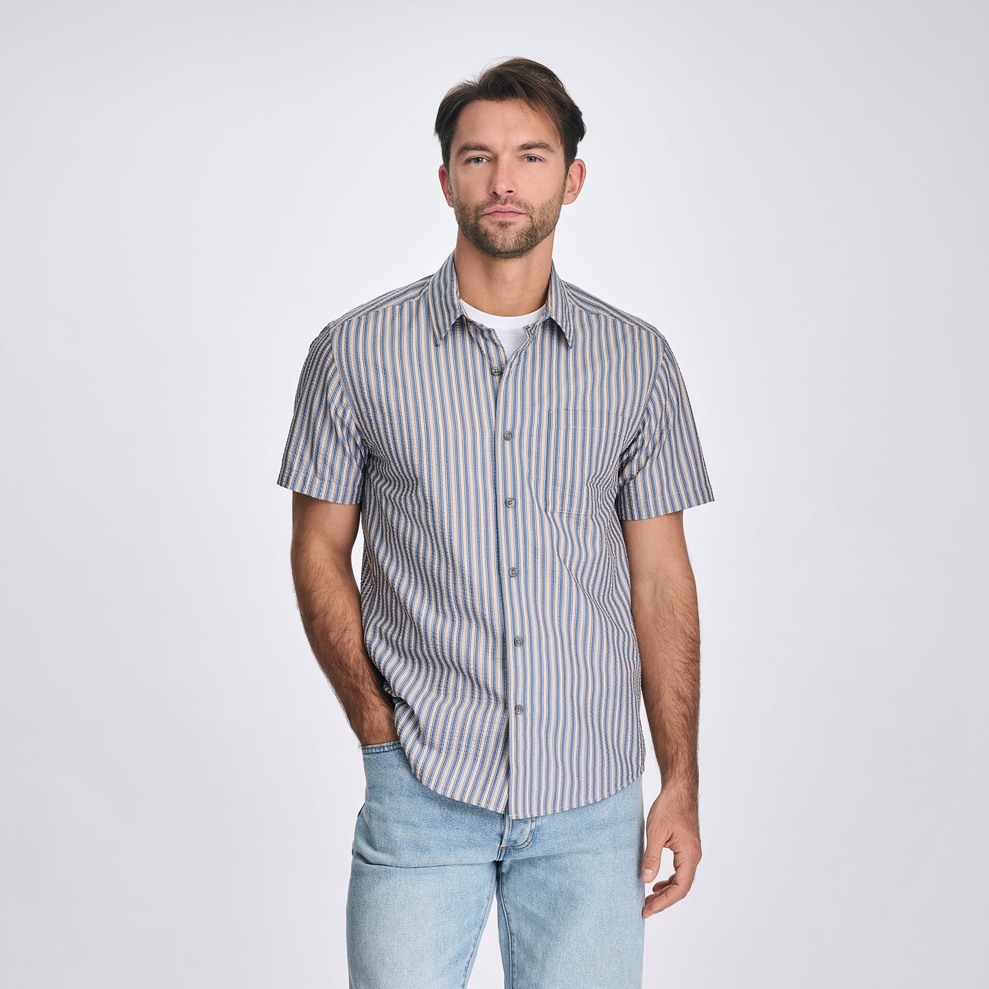 Men's Short-Sleeve Pack It 3.0 Seersucker Shirt-Blue Haze-1