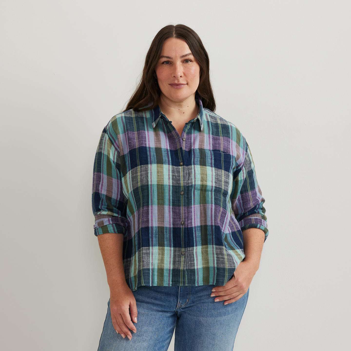 Women's Plaid Cotton Slub-Texture Shirt-Orchid-Plus-C1