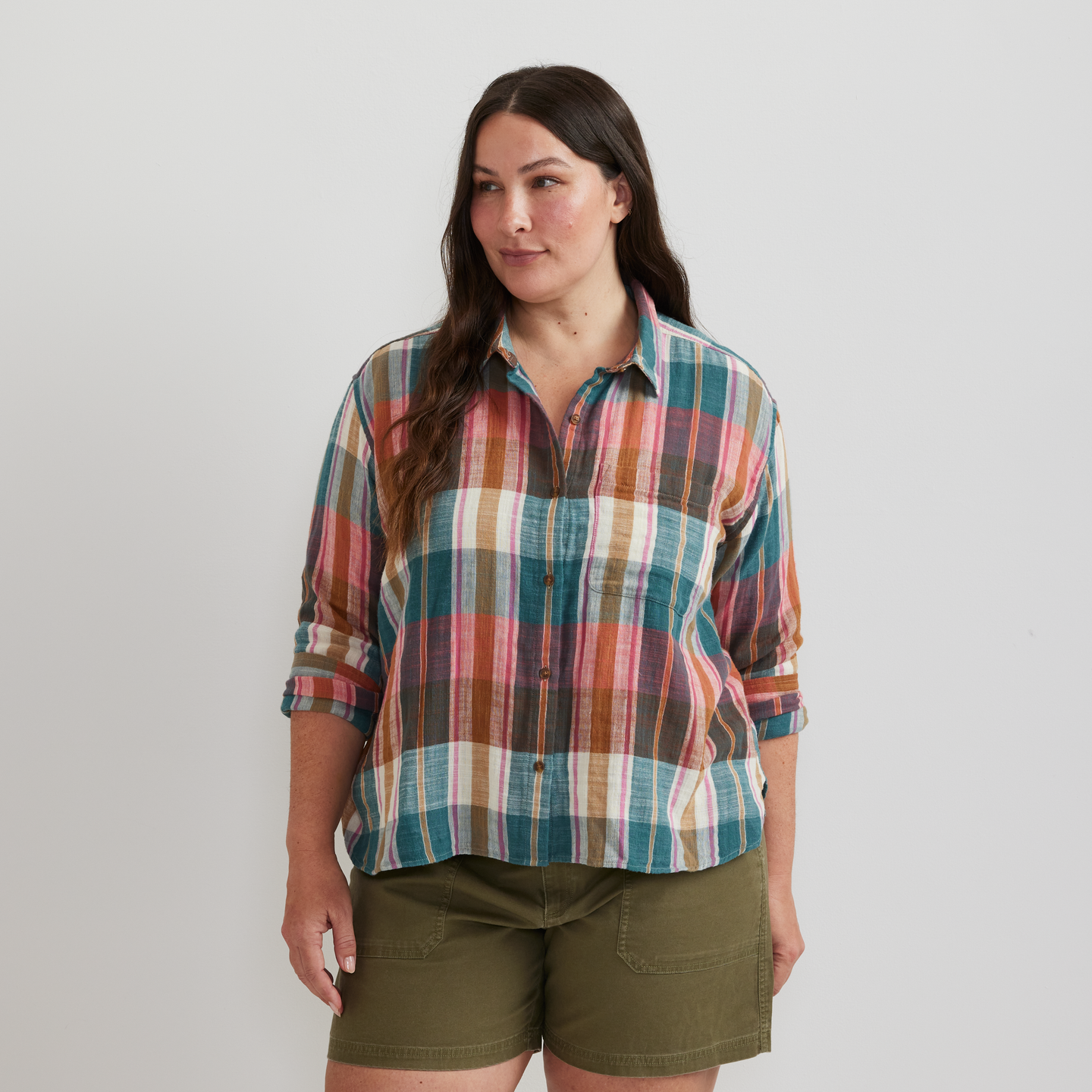 Women's Plaid Cotton Slub-Texture Shirt-Lt Berry-Plus-C1