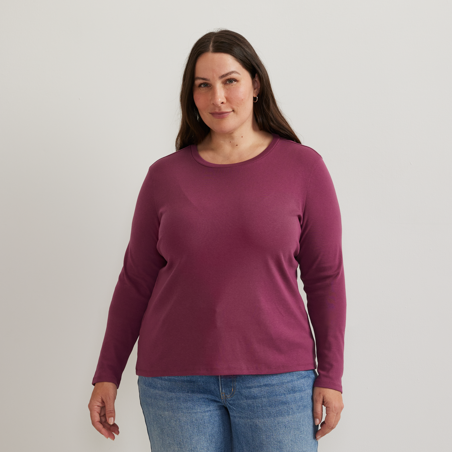 Women's Everyday Long-Sleeve Crewneck T-Shirt-Wine-Plus-C1