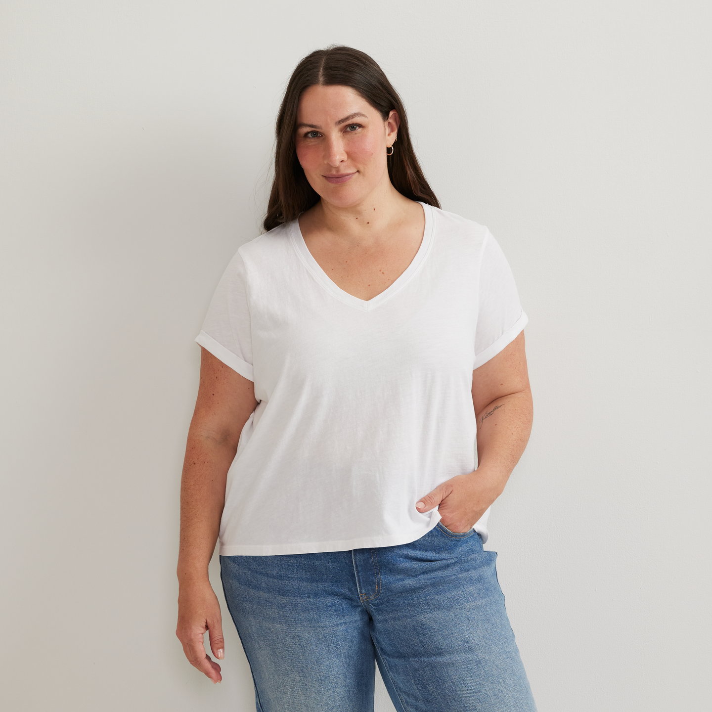 Women's Sunwashed V-Neck T-Shirt-White-Plus-C1
