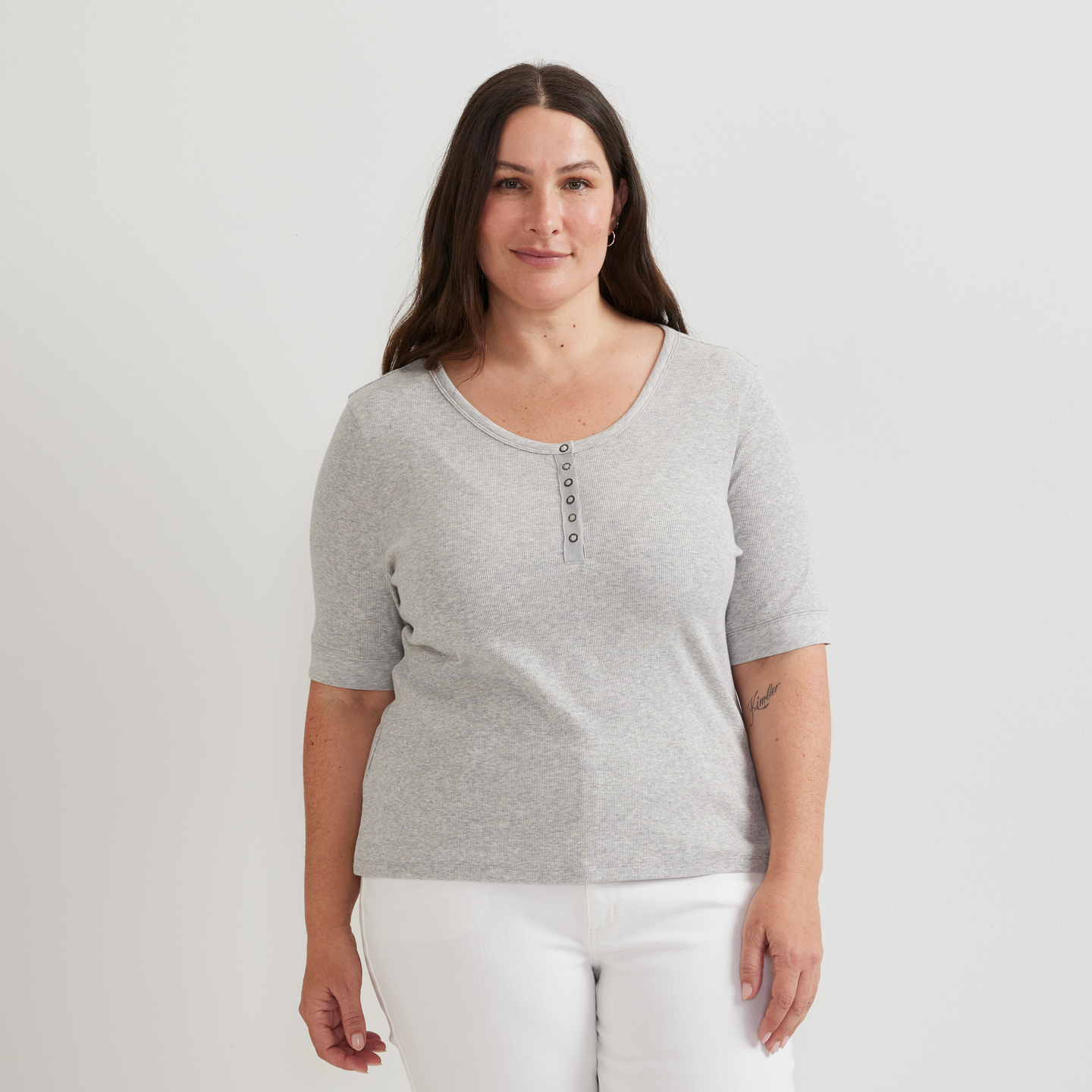 Women's Softline Short-Sleeve Ribbed Henley-Lt Htr Gray-Plus-C1