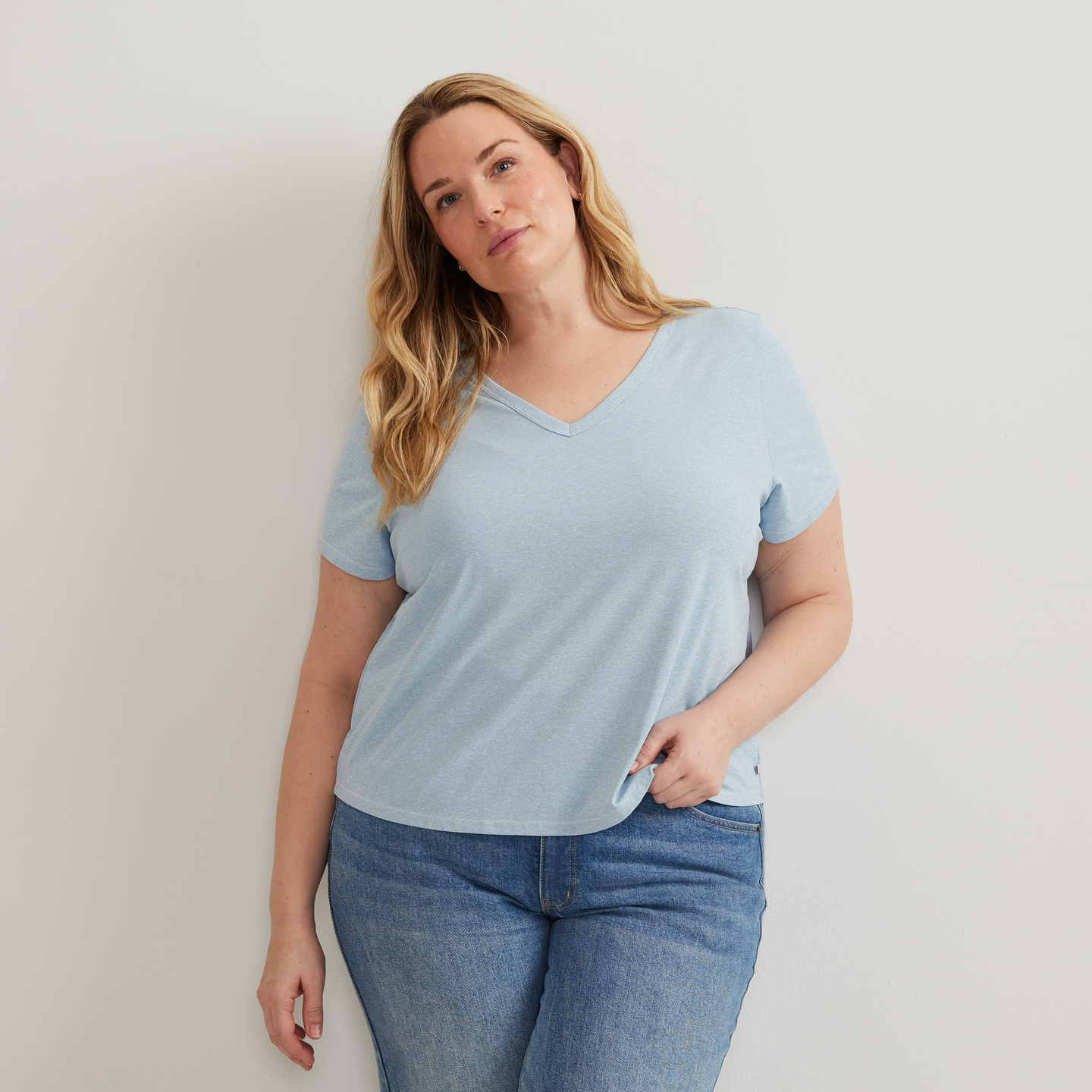 Women's Trek Light Hike Short-Sleeve V-Neck T-Shirt-Pale Blue-Plus-C1