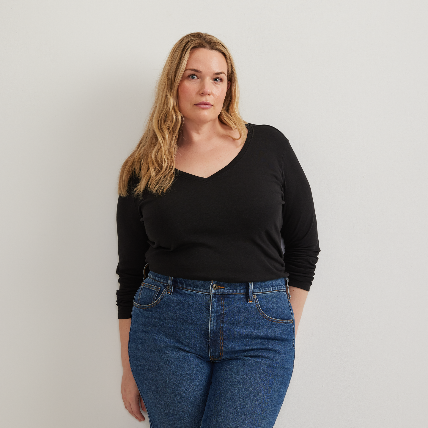 Women's Everyday Long-Sleeve V-Neck T-Shirt-Black-Plus-C1