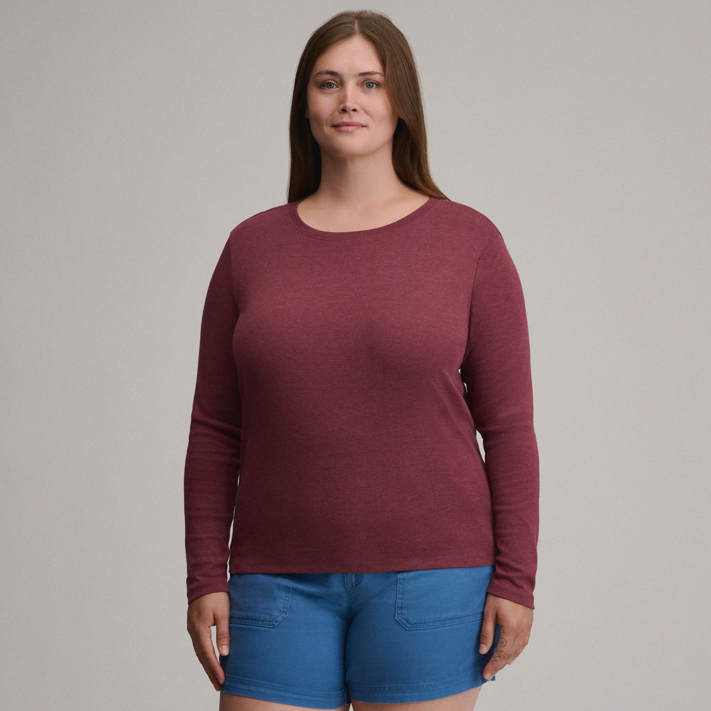 Women's Fav Long Sleeve Crew Neck Tee-Blkcherry-Plus-5