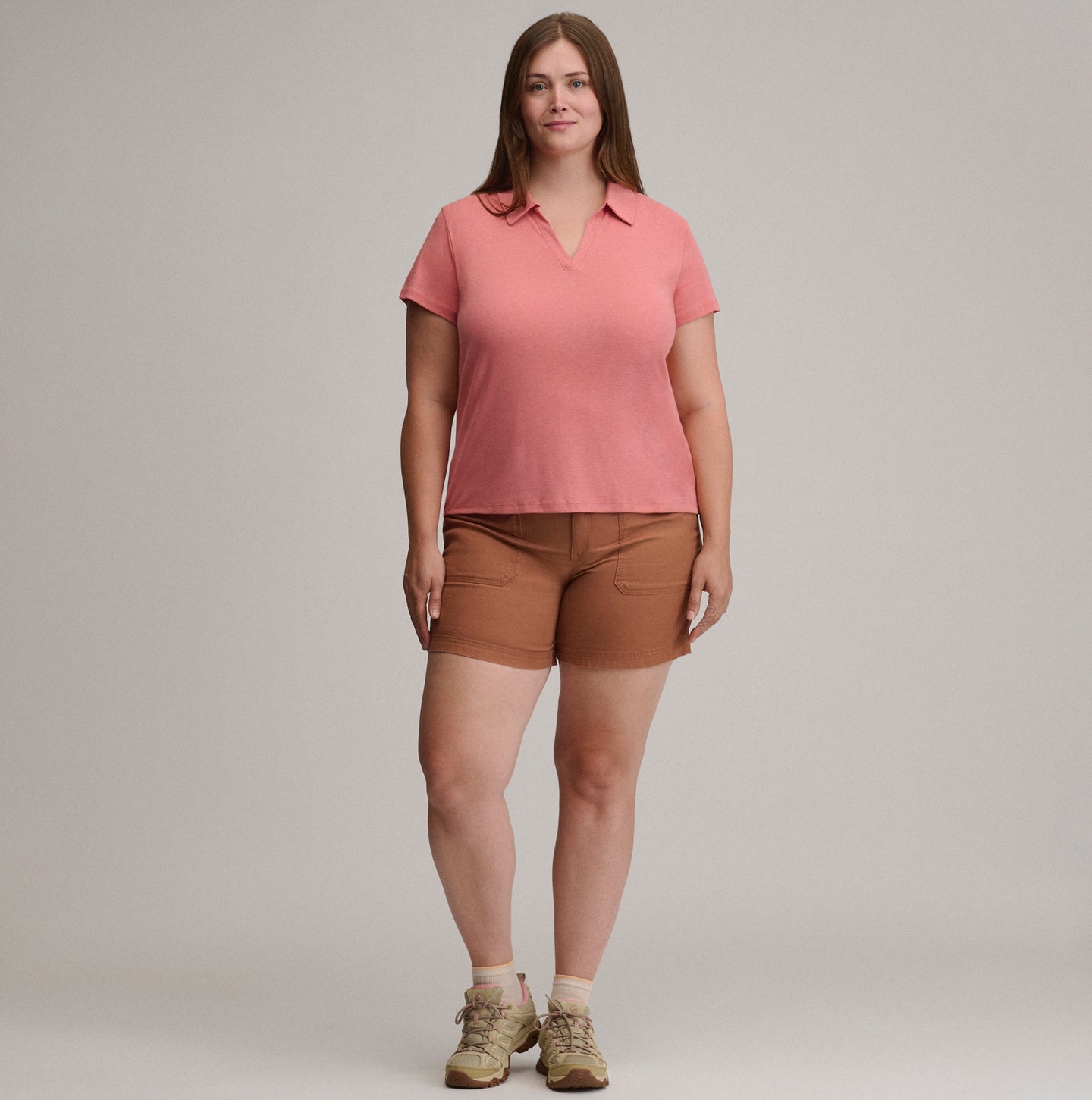 Women's Everyday Short Sleeve Collared Split Neck-Tangelo-Plus-8