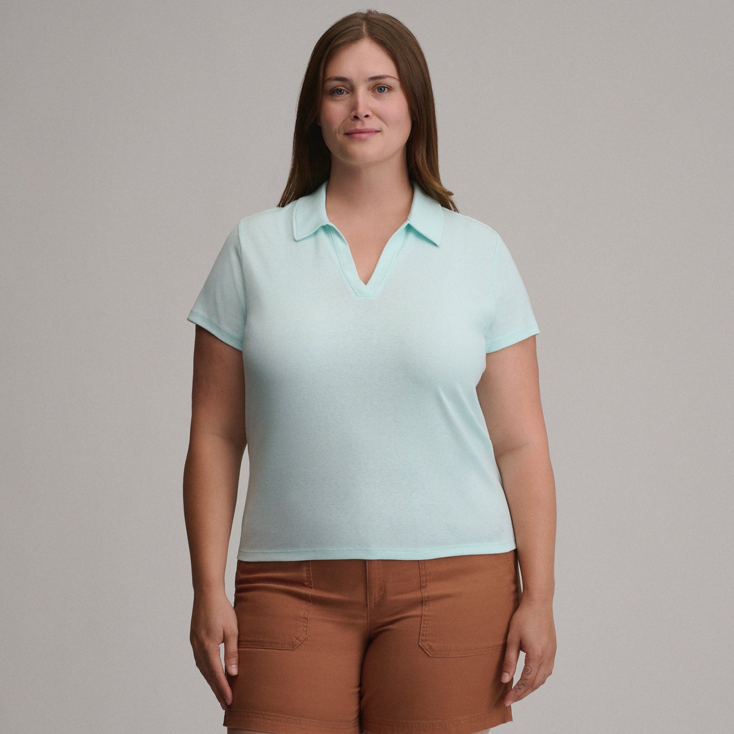 Women's Everyday Short Sleeve Collared Split Neck-Lt Aqua-Plus-21