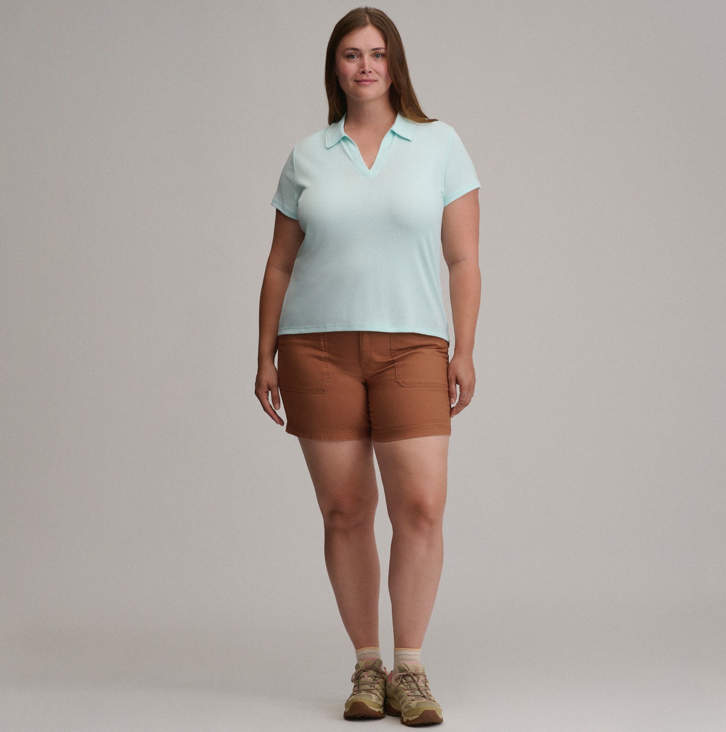 Women's Everyday Short Sleeve Collared Split Neck-Lt Aqua-Plus-24
