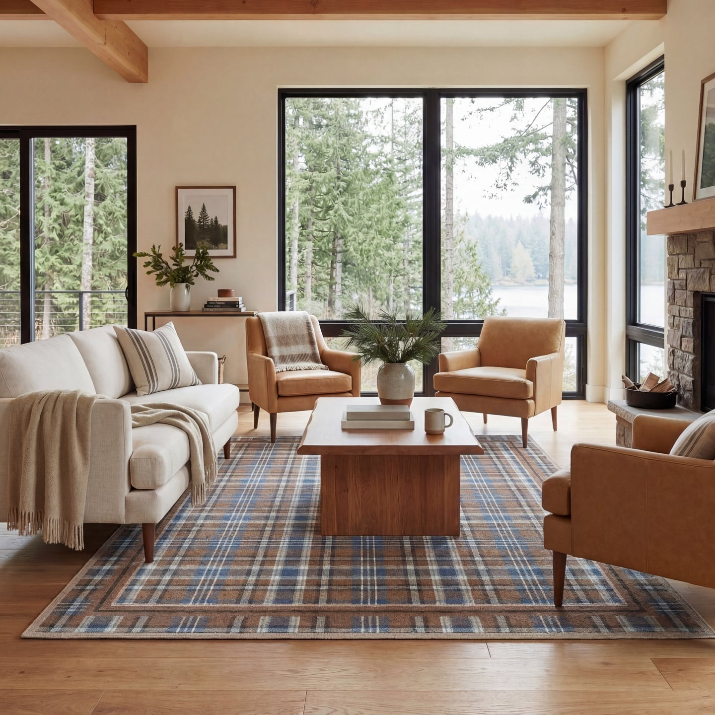Modern living room with beige sofa, brown armchairs, and wooden coffee table.