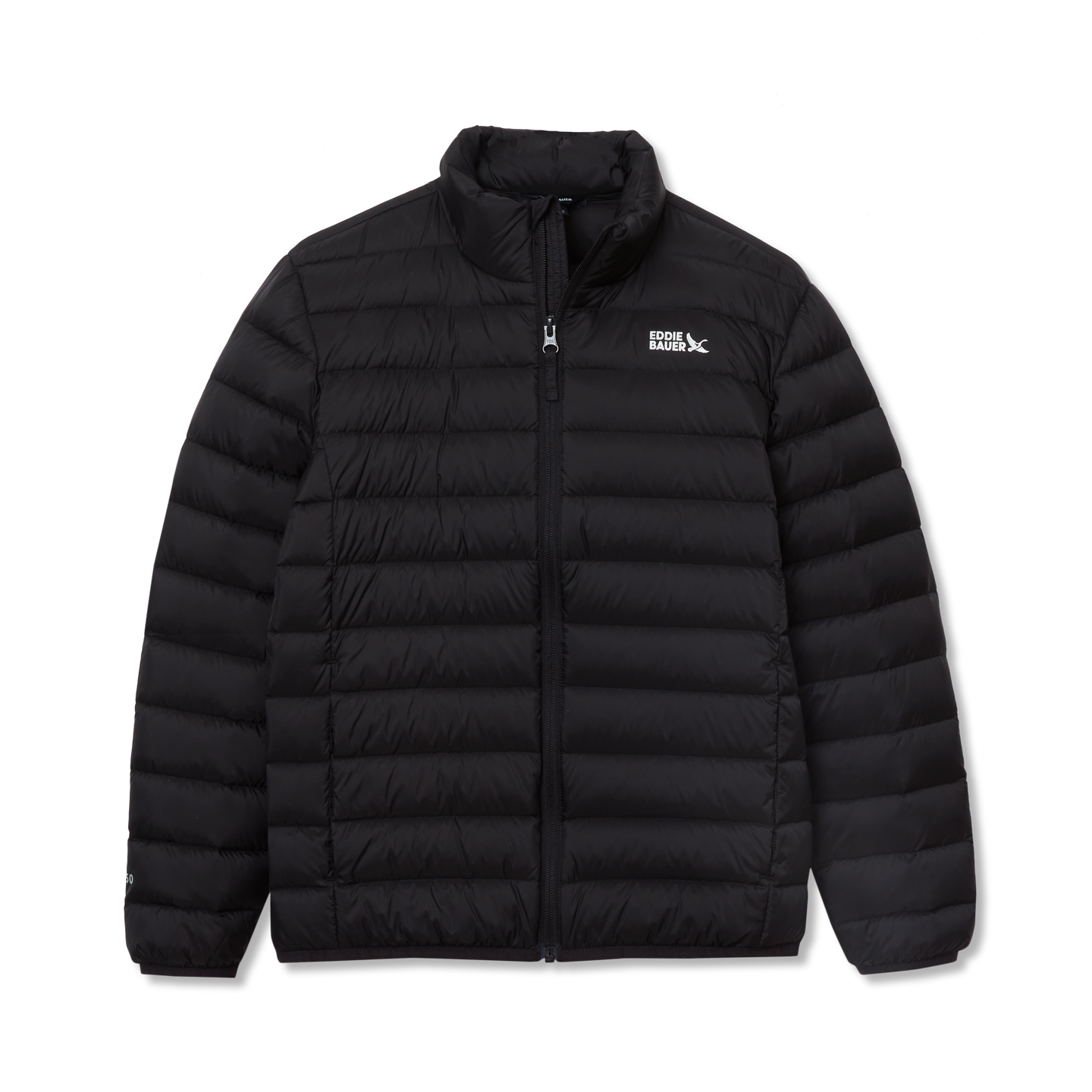 Black quilted down jacket with full-length zipper and Eddie Bauer logo on chest.