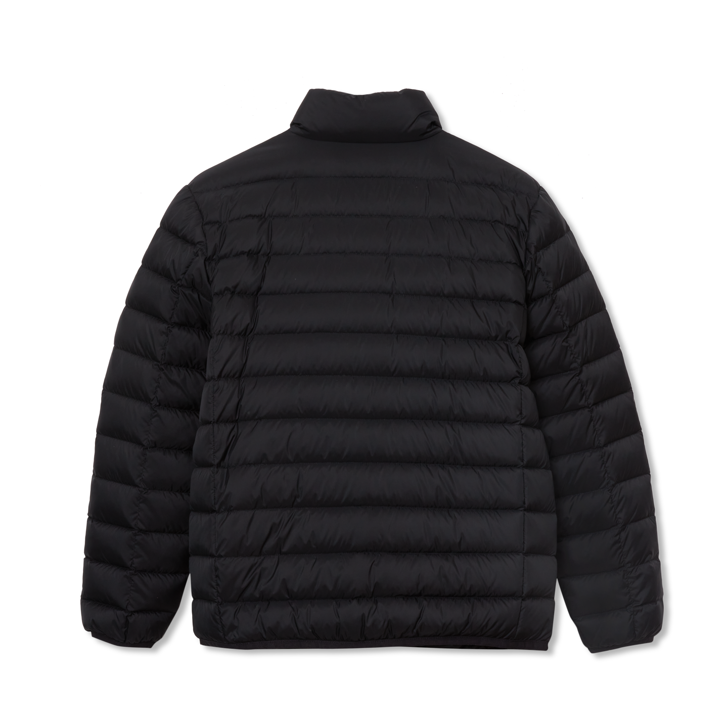 Black quilted down jacket with high neckline and horizontal stitched panels.