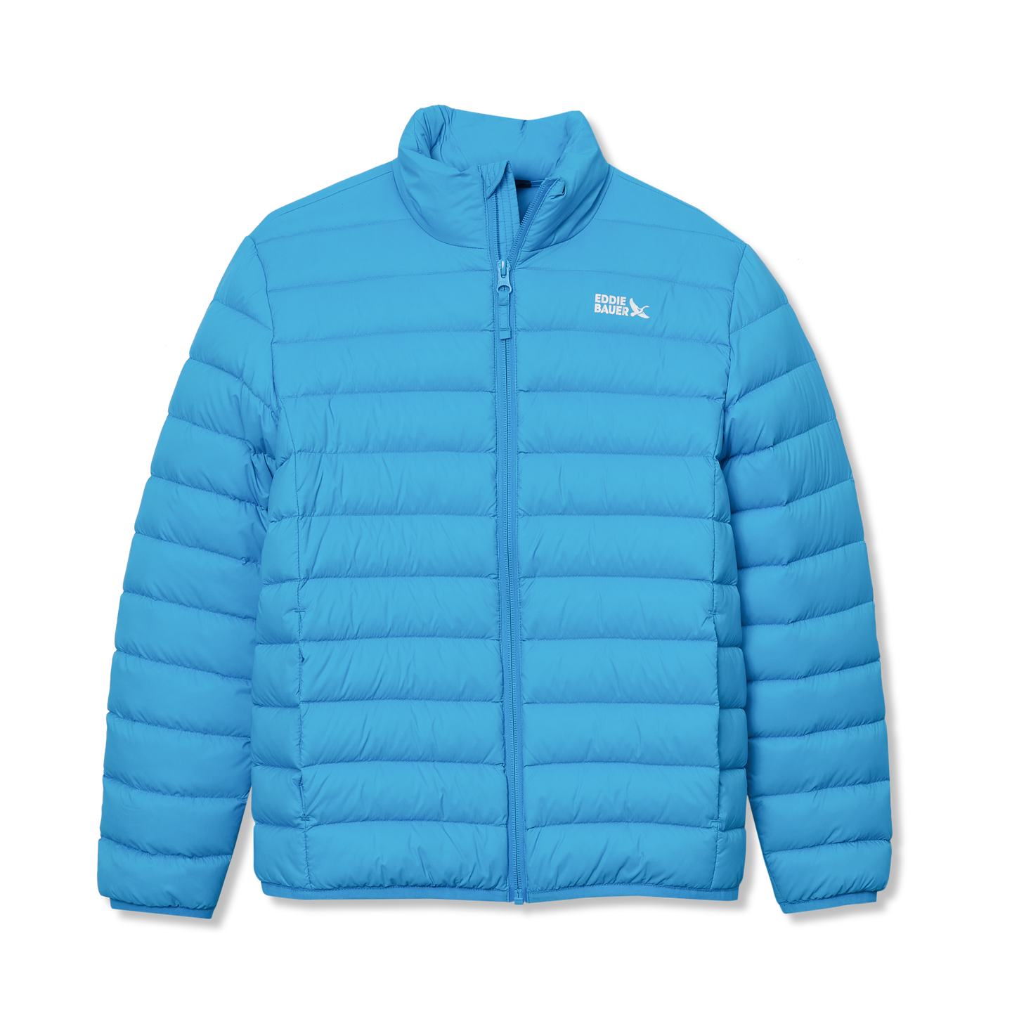 Blue quilted down jacket with full-length front zipper and high collar, featuring horizontal stitching and Eddie Bauer logo.