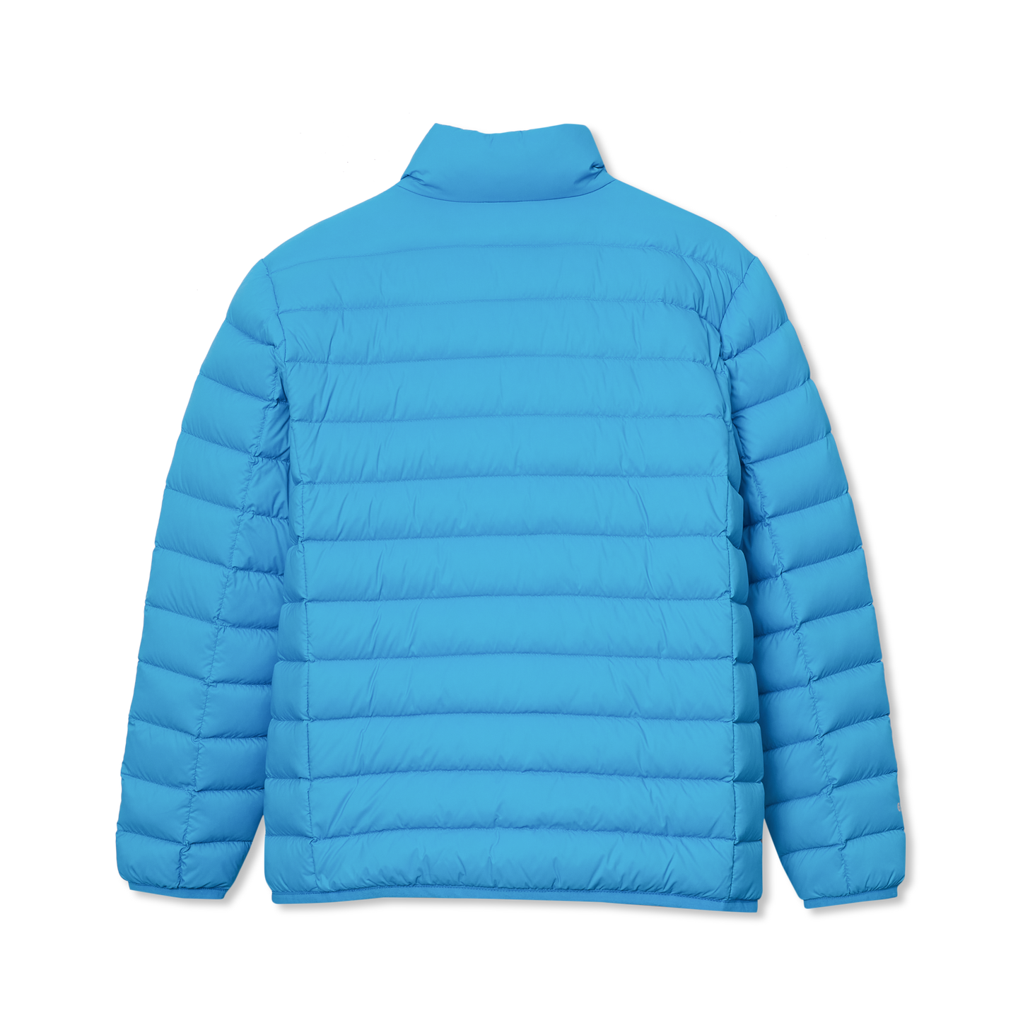 Bright blue puffed down jacket with horizontal quilting and a high collar, displayed from the back.