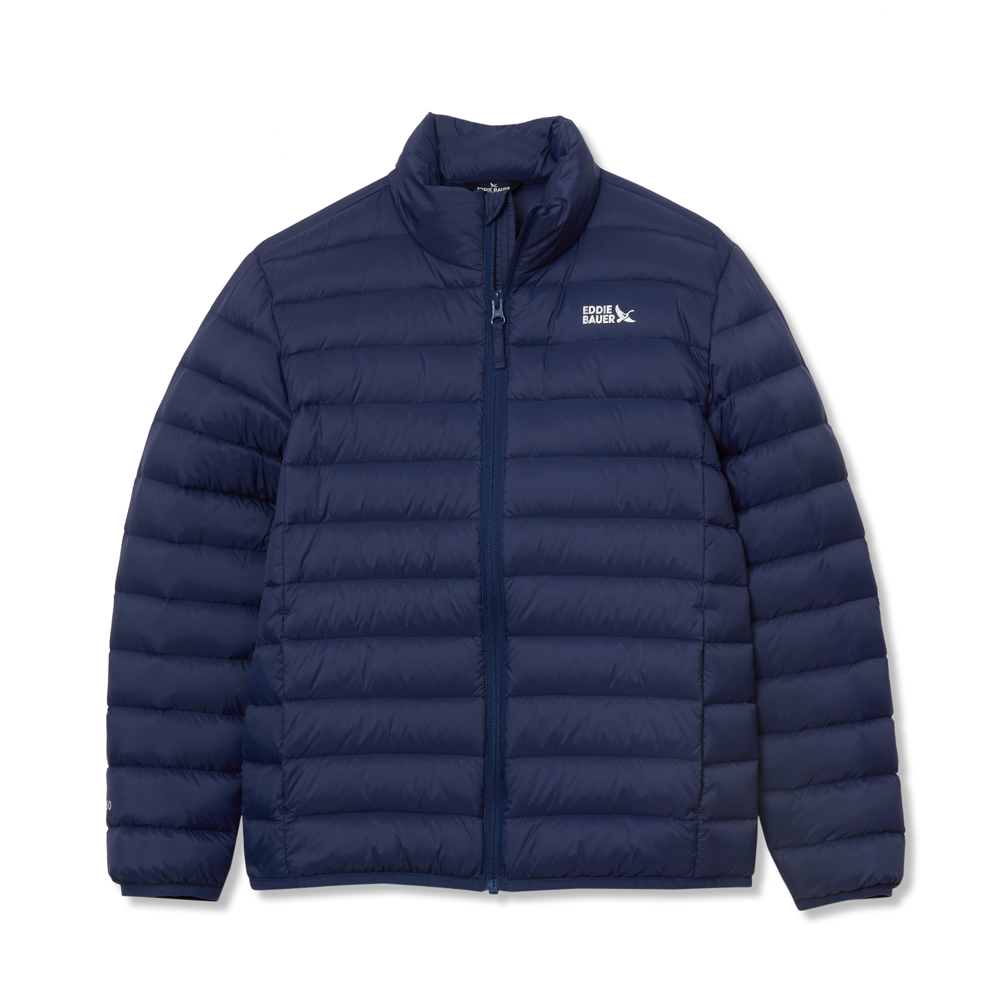 Navy quilted down jacket with full-length front zip and stand collar.