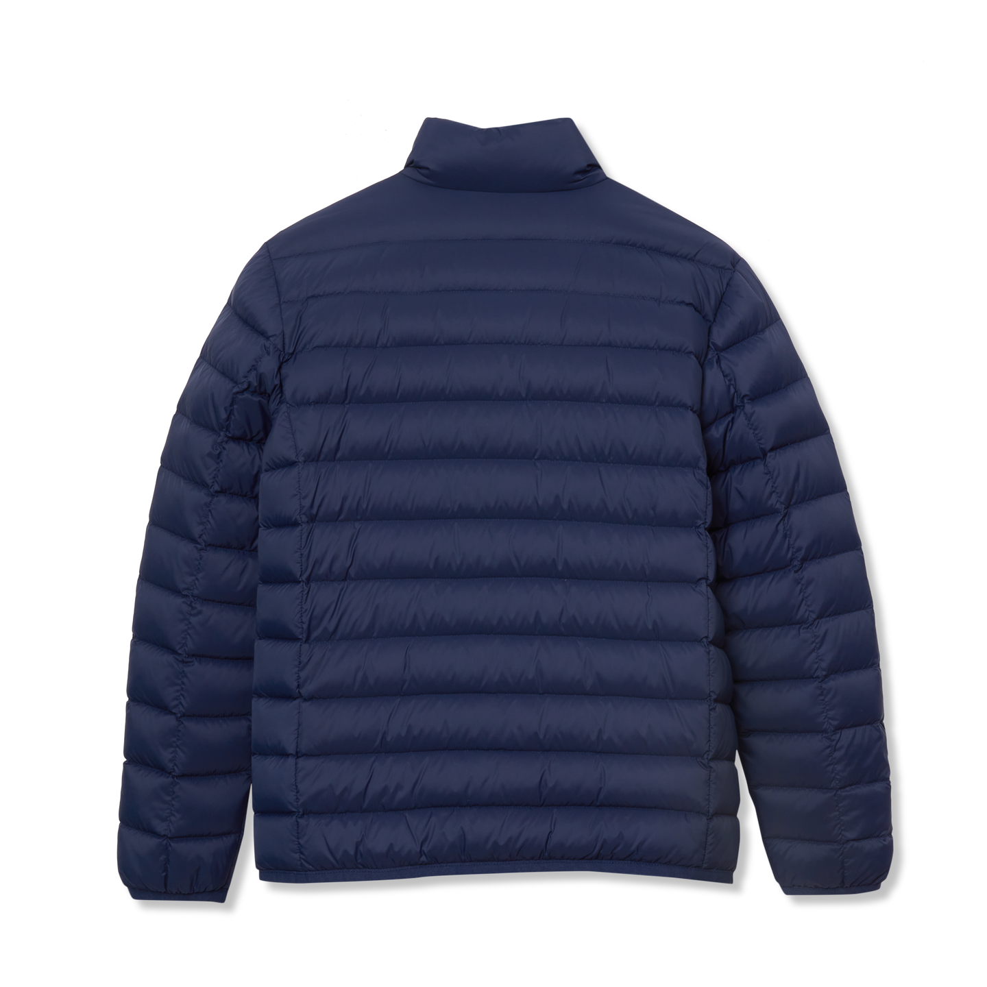 Navy blue quilted down jacket with horizontal baffles and a funnel neckline.