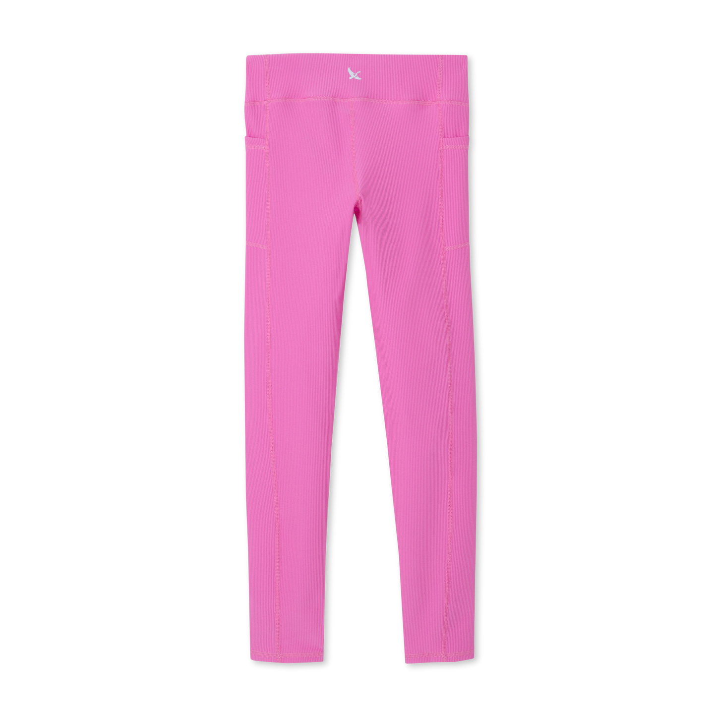 Pink ribbed leggings with side pockets and high waistband.
