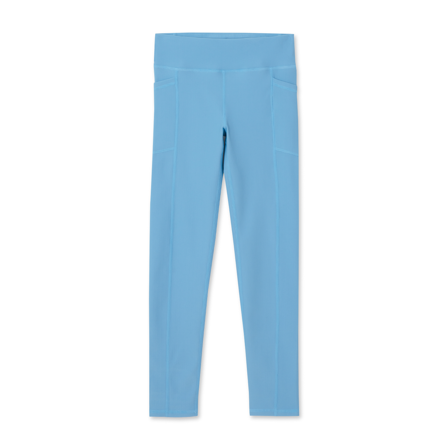 Blue ribbed leggings with high waistband and side pockets displayed flat against white background.