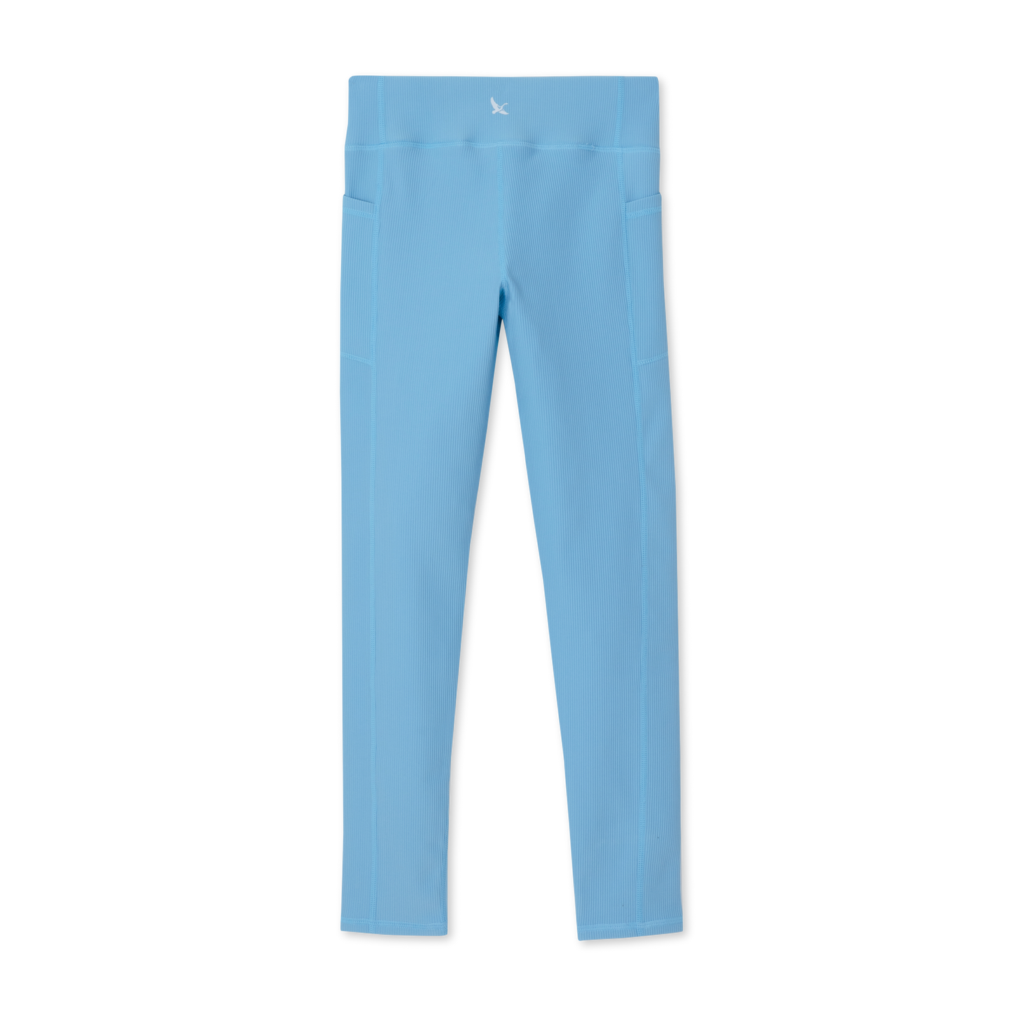 Light blue ribbed leggings with side pockets and high waistband, displayed flat against white background.