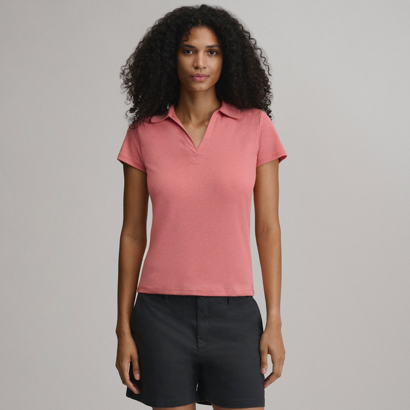 Women's Everyday Short Sleeve Collared Split Neck-Tangelo-1
