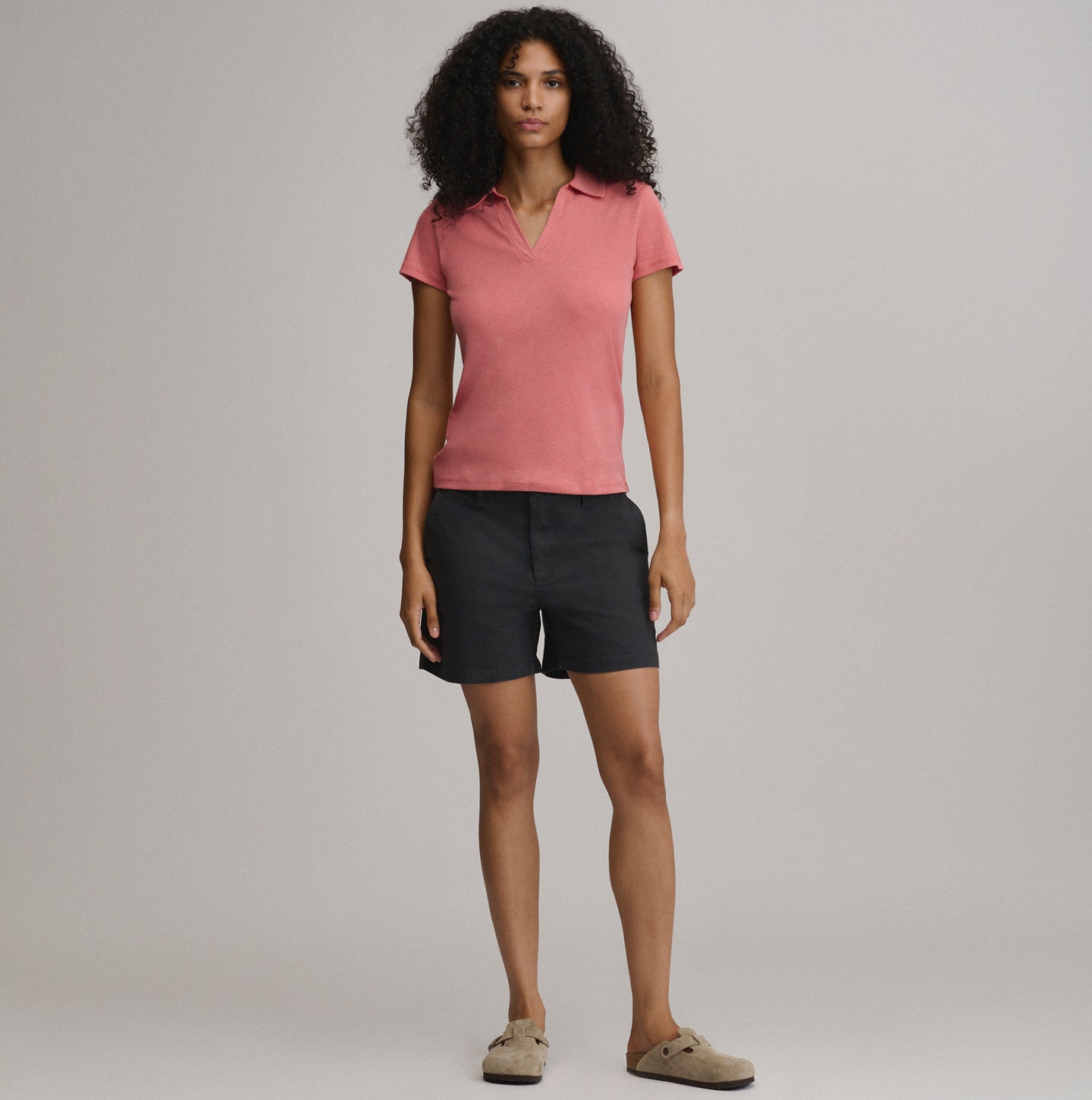 Women's Everyday Short Sleeve Collared Split Neck-Tangelo-4