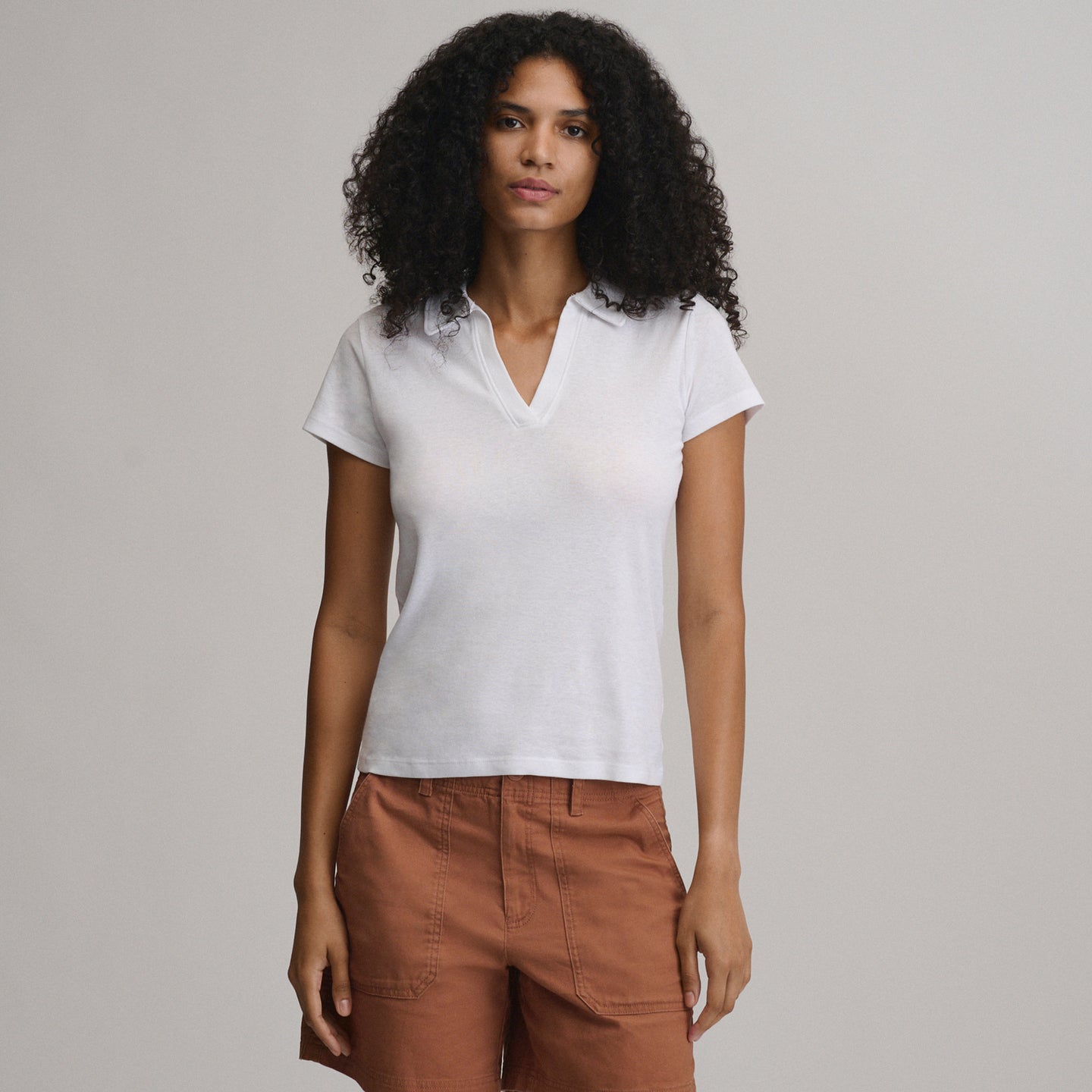 Women's Everyday Short Sleeve Collared Split Neck-White-9
