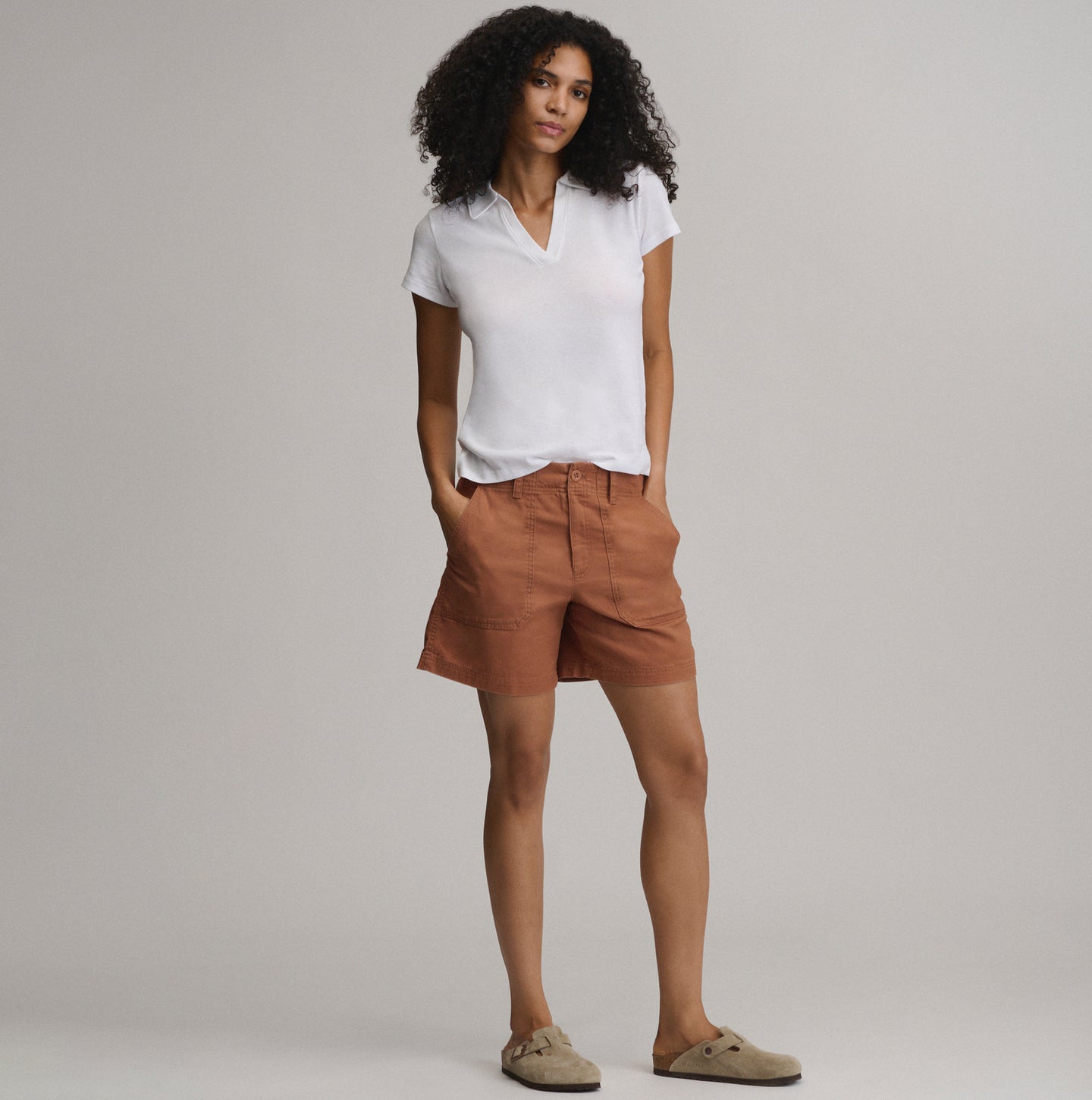 Women's Everyday Short Sleeve Collared Split Neck-White-12