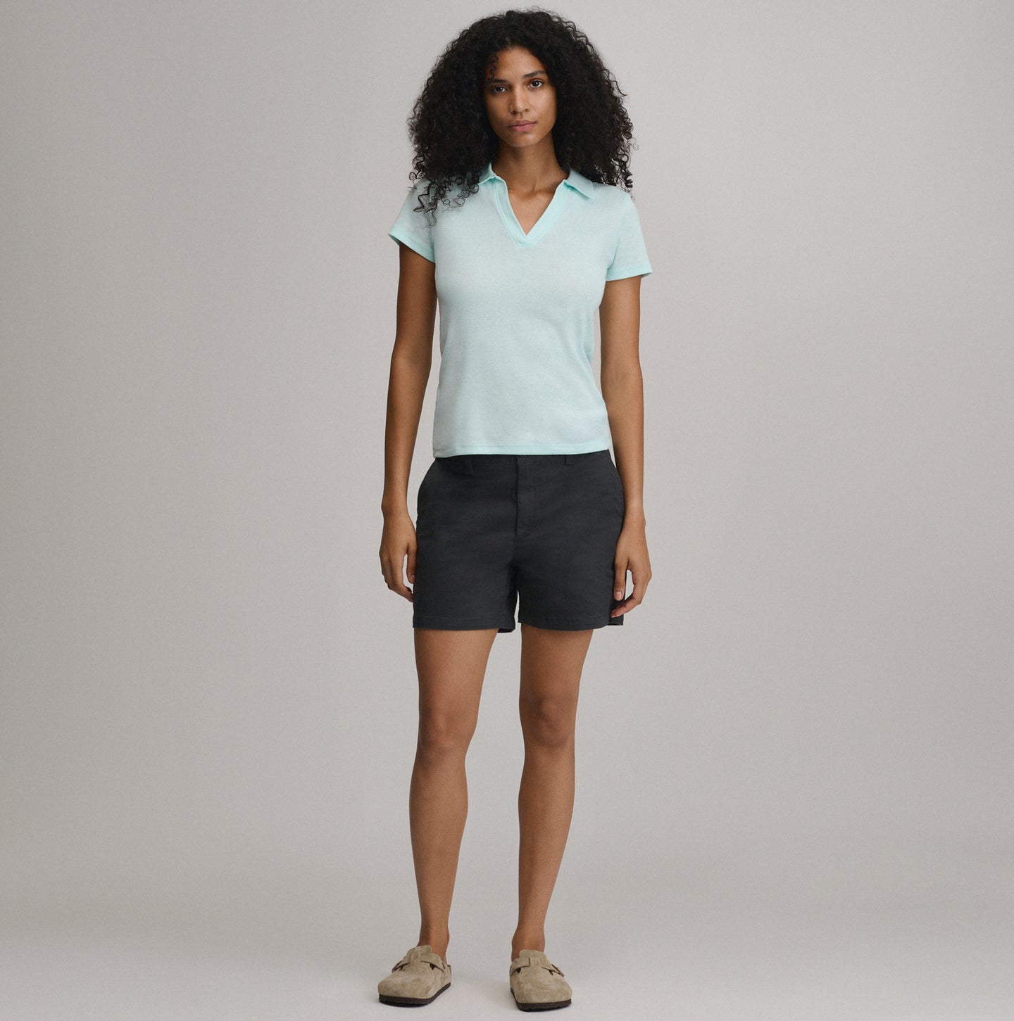 Women's Everyday Short Sleeve Collared Split Neck-Lt Aqua-20