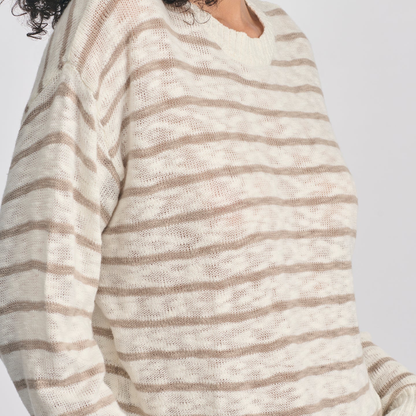 Women's Slub Stripe Crew Neck Sweater-Ivory-3