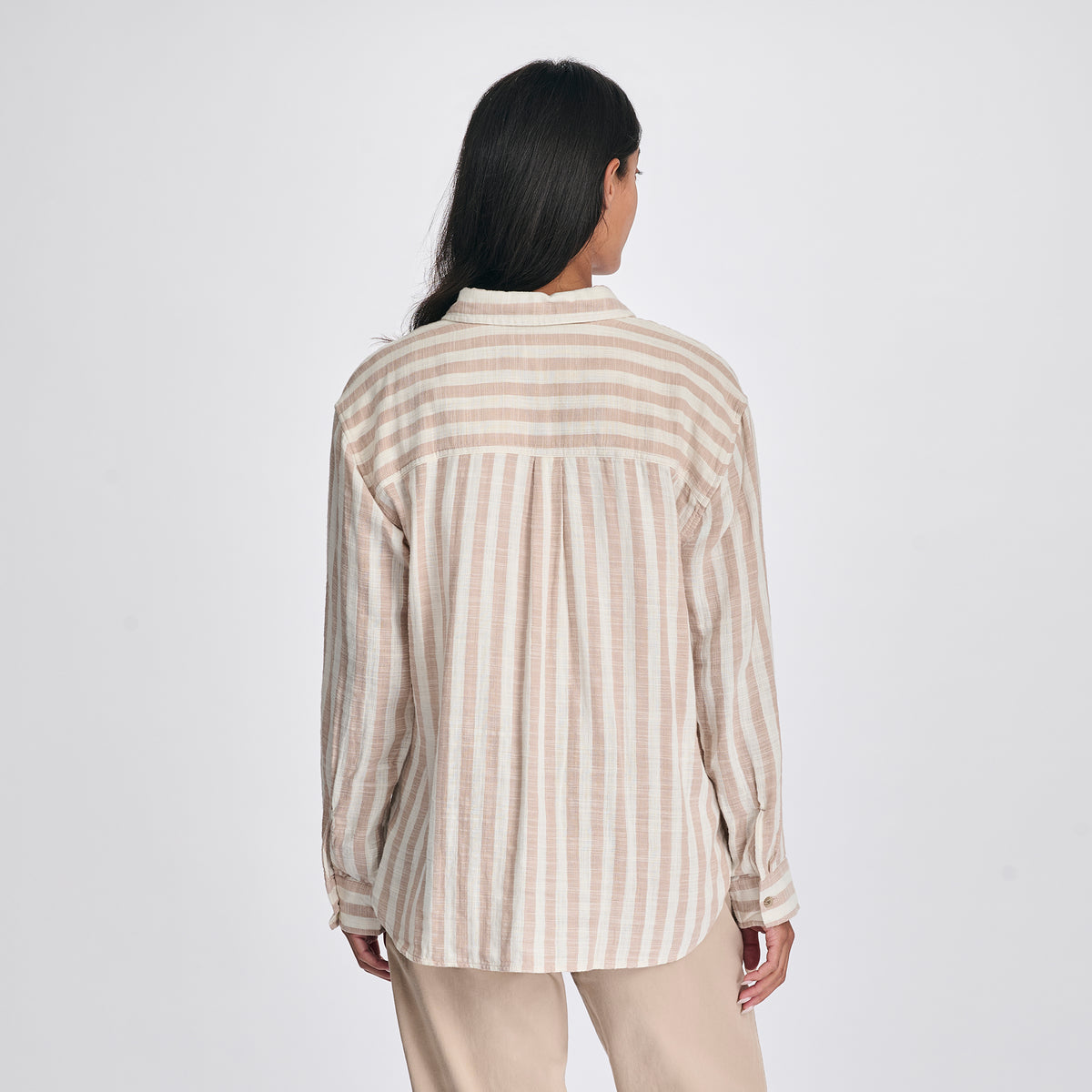 Women's Woven Stripe Cotton LS Slub-Natural-2