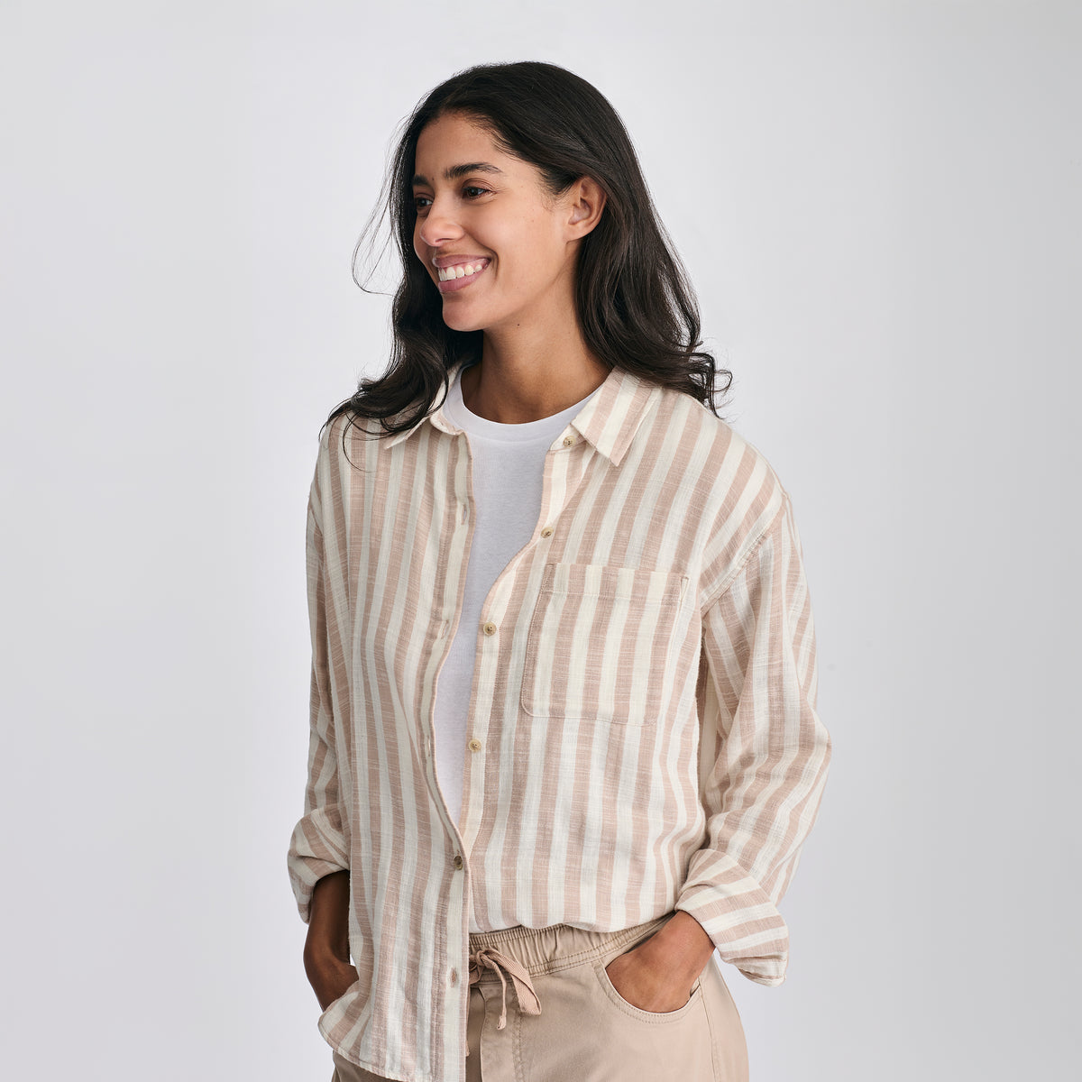 Women's Woven Stripe Cotton LS Slub-Natural-3