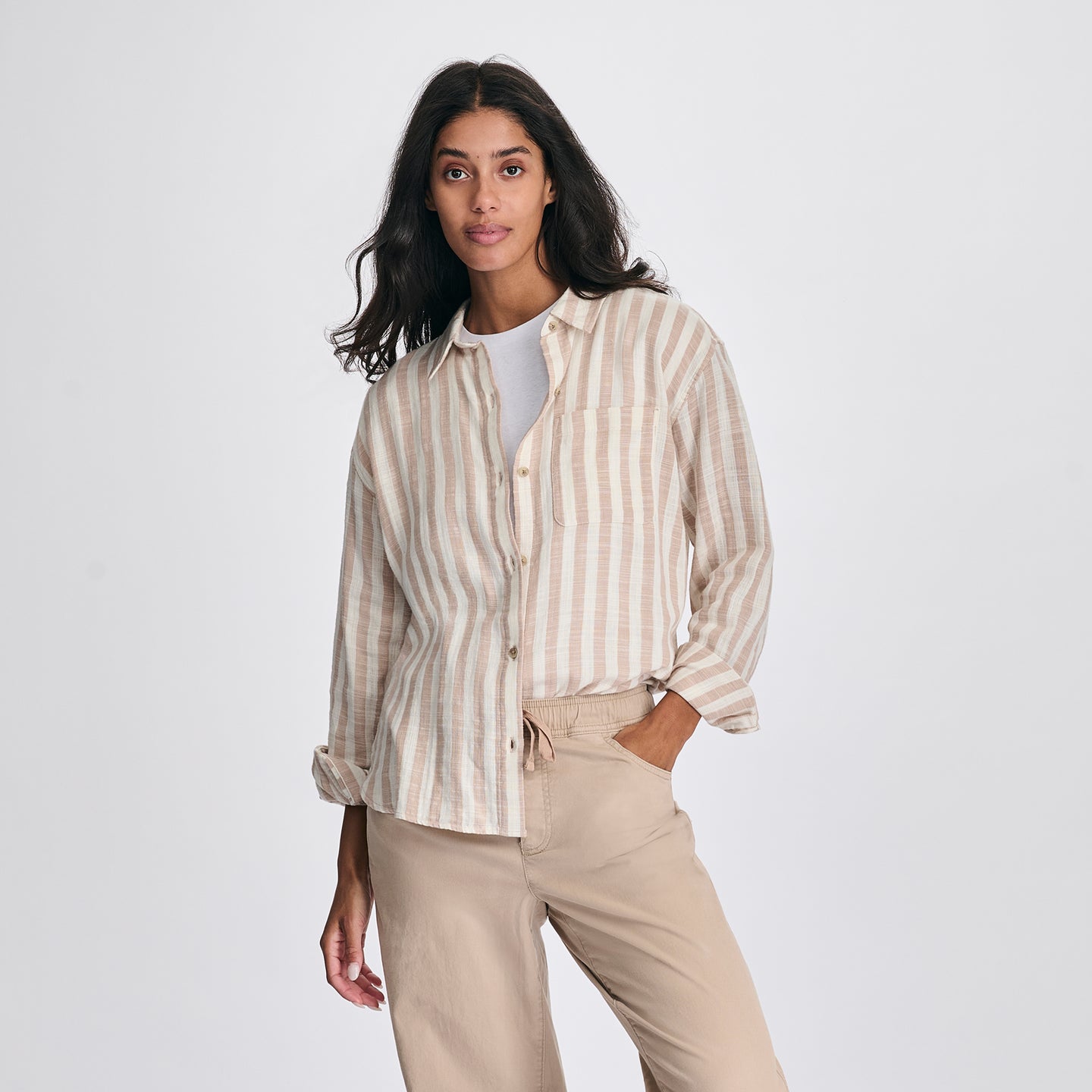 Women's Woven Stripe Cotton LS Slub-Natural-4
