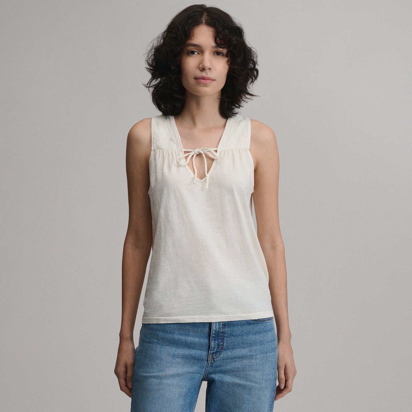 Women's Sunwashed Cotton Tie Front Tank-Snow-1