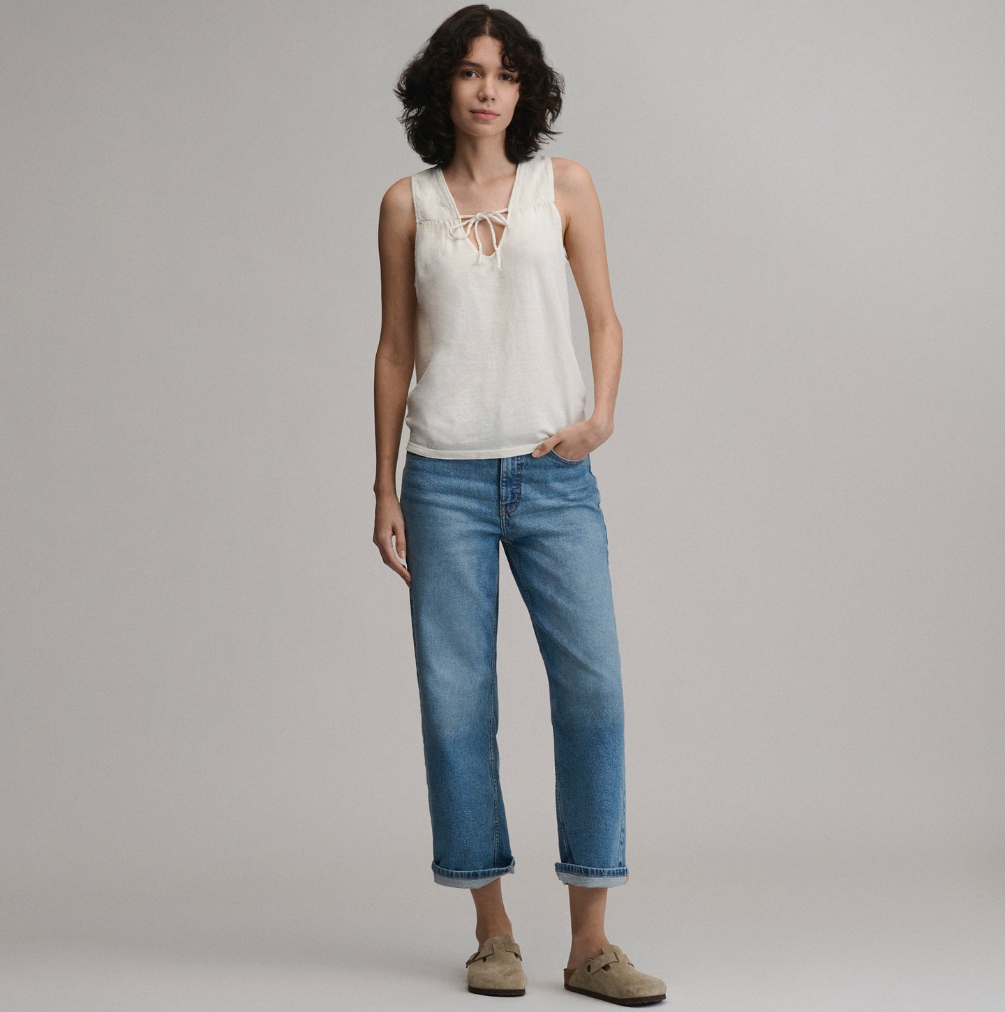 Women's Sunwashed Cotton Tie Front Tank-Snow-4