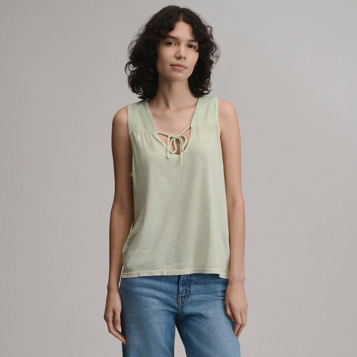 Women's Sunwashed Cotton Tie Front Tank-Honeydew-5