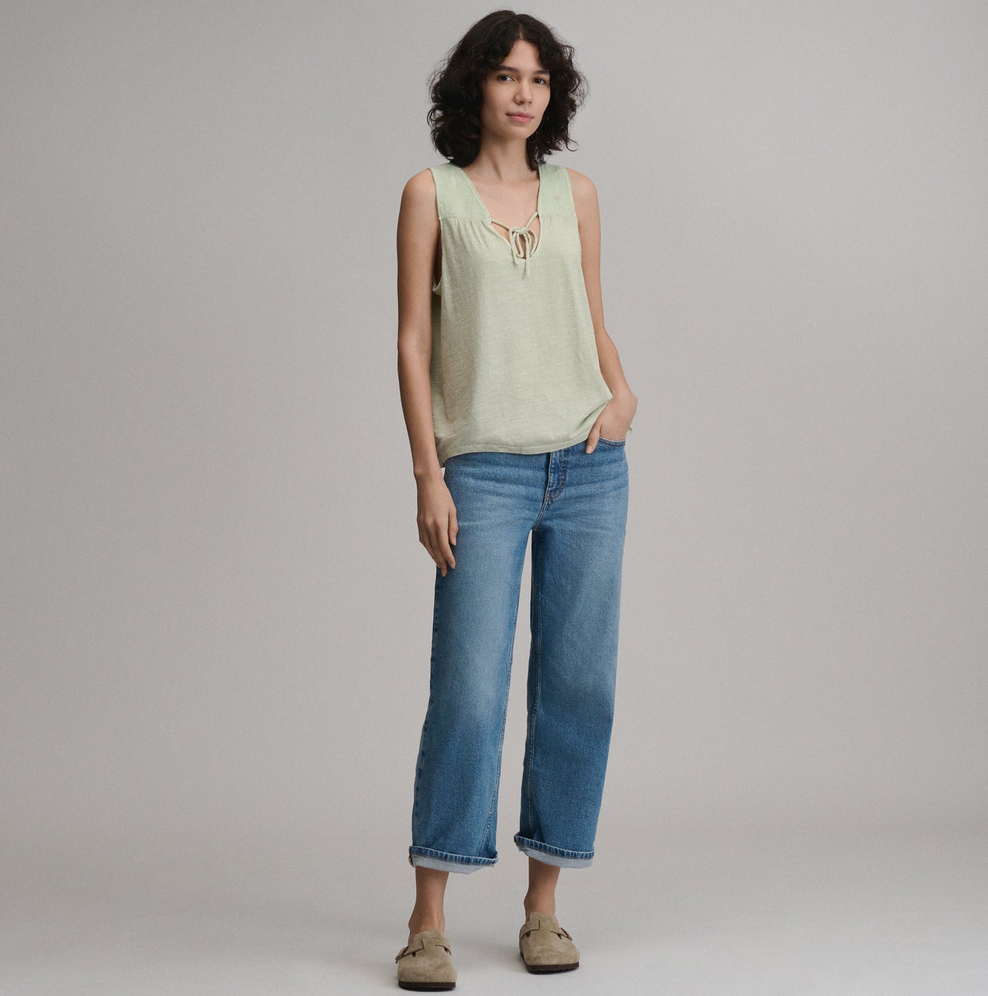 Women's Sunwashed Cotton Tie Front Tank-Honeydew-8