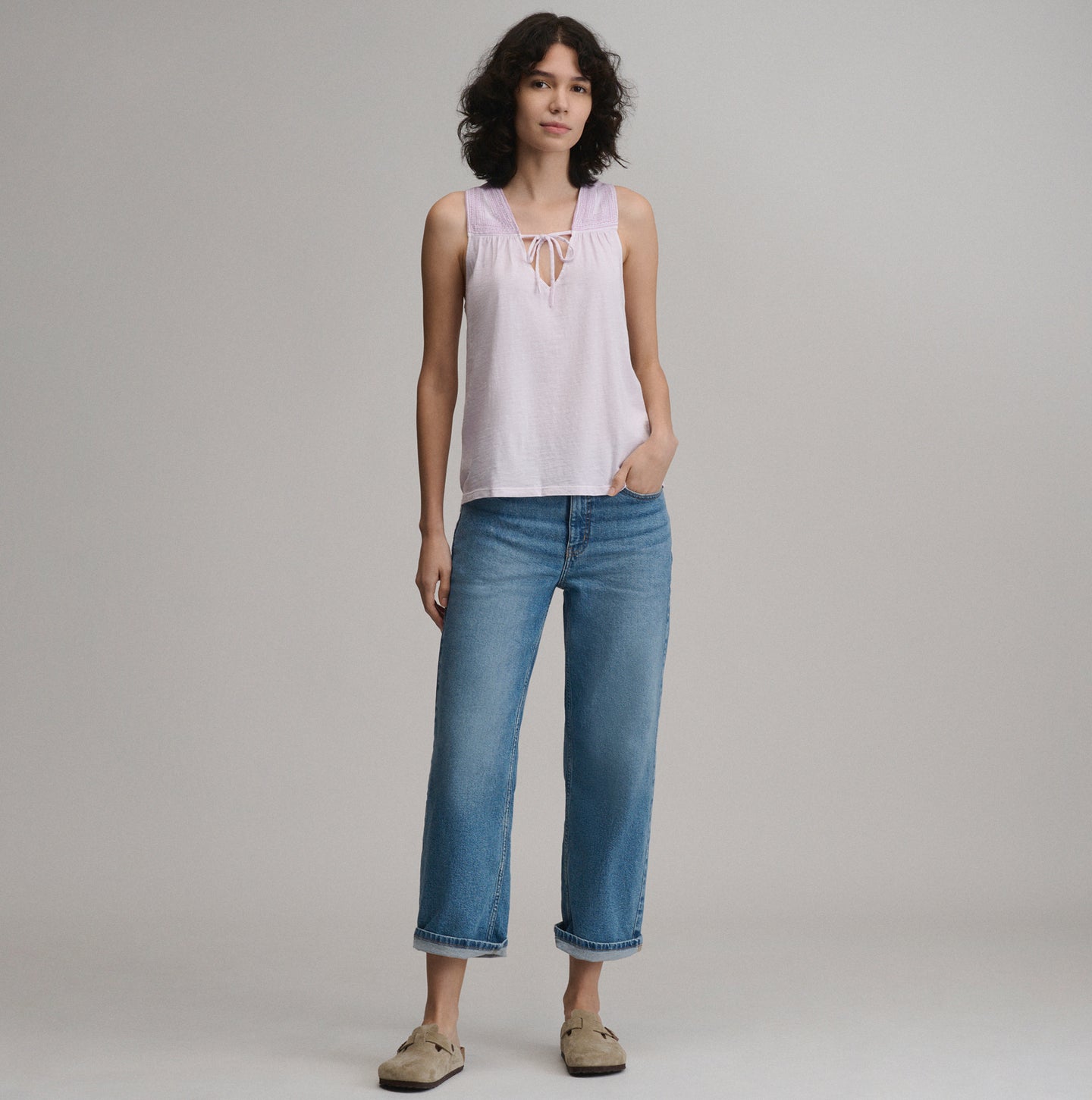 Women's Sunwashed Cotton Tie Front Tank-Cosmos-12